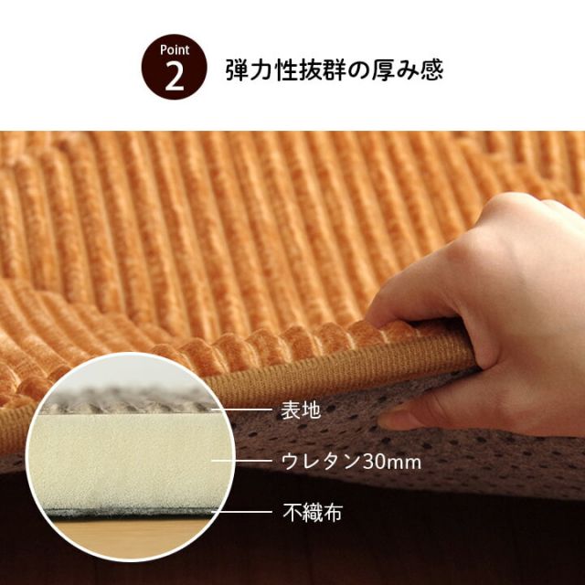 ラグ 滑りにくい 防音 ボリューム 厚い へたりにくい コーデユロイ 無地 約185×185cm 約2畳 床暖房 ホットカーペット対応 こたつ敷布団