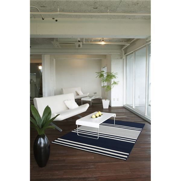 ラグマット 130cm×190cm ネイビー 長方形 フレンチボーダー柄 日本製 マイナス6℃冷たいクールエコ2ラグ 『NEXTHOME』代引NG