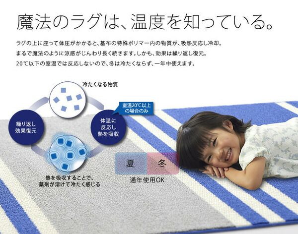 ラグマット 130cm×190cm スカイブルー 長方形 フレンチボーダー柄 日本製 マイナス6℃冷たいクールエコ2ラグ 『NEXTHOME』代引NG