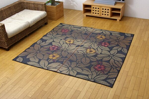 袋織 い草 ラグマット/絨毯 ブルー 約191×250cm 裏：不織布 日本製 防傷 抗菌 防臭 調湿機能付き 〔リビング〕代引NG