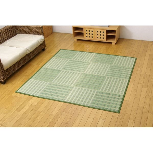 い草 花ござ/ラグマット 市松柄 グリーン 江戸間6畳 約261×352cm 抗菌防臭効果 調湿機能 〔リビング〕代引NG