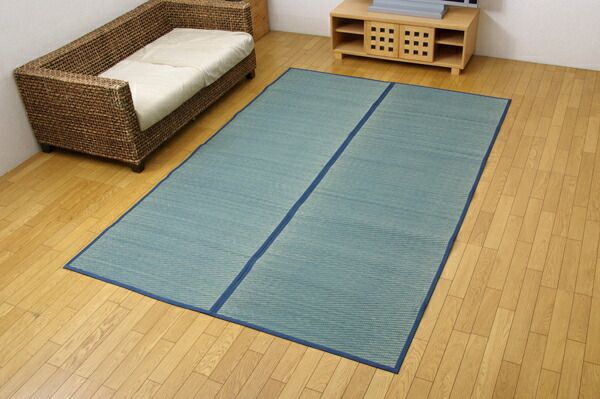い草 花ござ/ラグマット ブルー 本間6畳 約286.5×382cm 裏：不織布 防傷 抗菌・防臭効果 調湿機能 〔リビング〕 代引NG