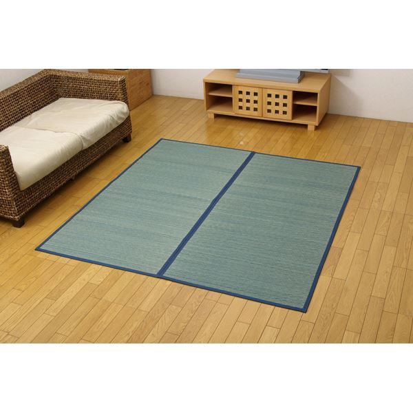 い草 花ござ/ラグマット ブルー 本間8畳 約382×382cm 裏：不織布 防傷 抗菌・防臭効果 調湿機能 〔リビング〕 代引NG