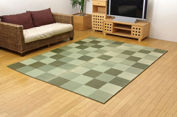 日本製 い草 ラグマット/絨毯 ブロック柄 グレー 約140×200cm 調湿 抗菌 防臭 耐久性抜群 〔リビング〕代引NG