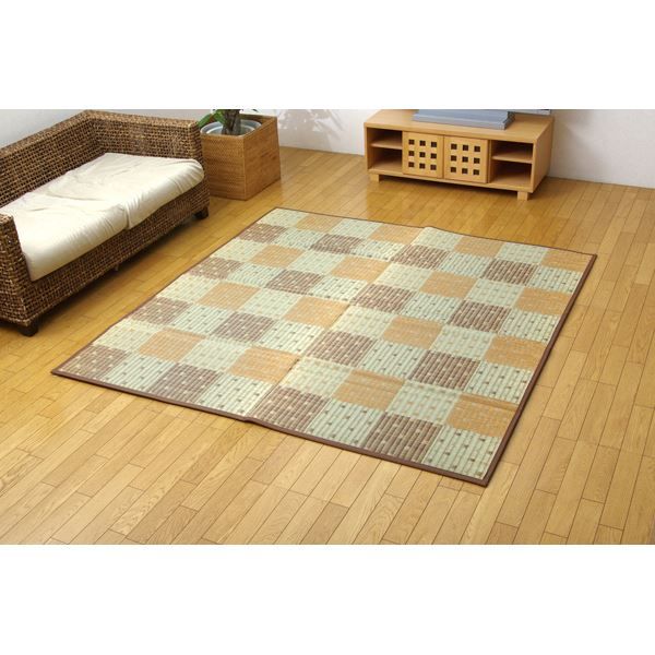 日本製 い草 ラグマット/絨毯 ブラウン 約191×191cm 防音 ボリューム仕様 裏ソフトテック15mm 調湿 抗菌 防臭 〔リビング〕代引NG