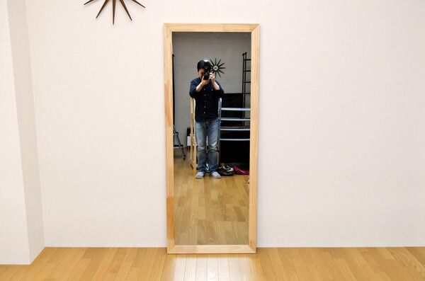 ジャンボミラー 木製 幅66cm 立て掛けタイプ 飛散防止フィルム加工/転倒防止金具付き ホワイト(白)代引NG 鏡 スタンドミラー