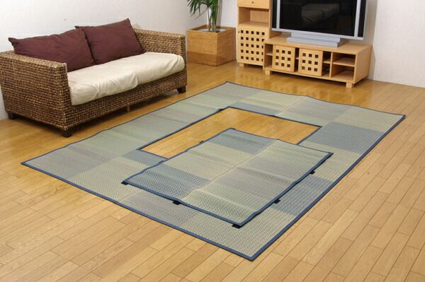 い草 ラグマット/絨毯 堀こたつ対応 ブルー 約191×300cm 中抜き：約90×150cm 抗菌防臭 調湿 裏面不織布 〔リビング〕代引NG