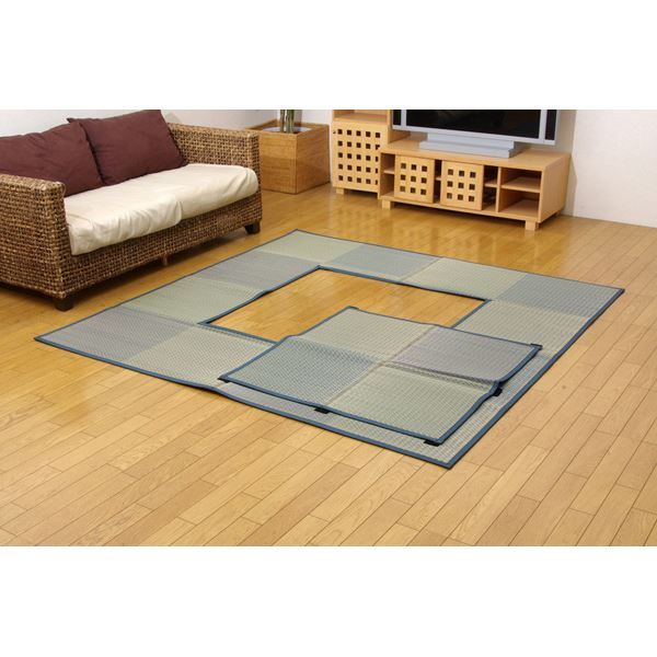 い草 ラグマット/絨毯 堀こたつ対応 ブルー 約191×300cm 中抜き：約90×150cm 抗菌防臭 調湿 裏面不織布 〔リビング〕代引NG