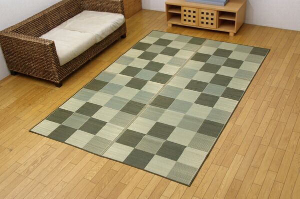 い草 花ござ/ラグマット ブロック柄 グリーン 江戸間8畳 約348×352cm 日本製 耐久性抜群 抗菌 防臭 調湿 〔リビング〕代引NG カーペット・マット・畳 マット