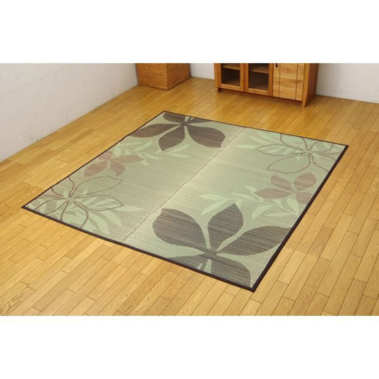 い草 ラグマット/絨毯 リーフ柄 ブラウン 約191×191cm 正方形 防滑加工 抗菌防臭 調湿 消臭 〔リビング〕代引NG
