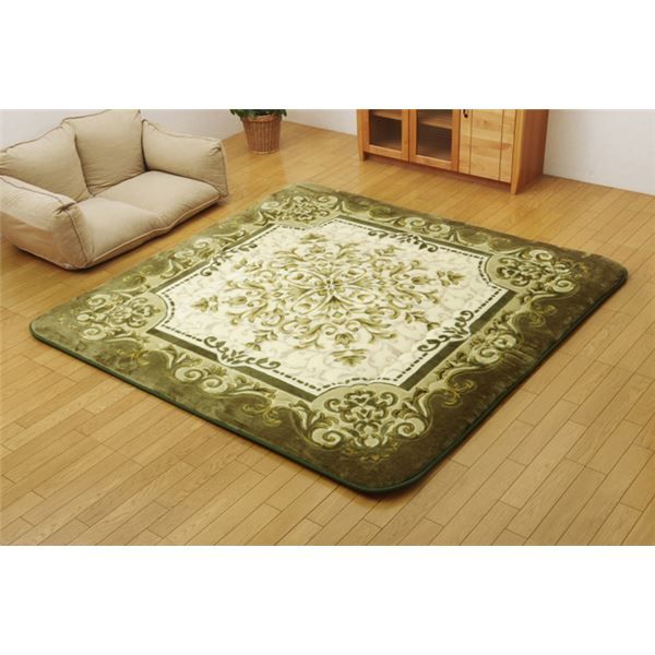 ラグマット/こたつ敷布団 グリーン 195×195cm 日本製固綿40mm使用 弾力性抜群 ふっくら極厚敷布団 〔リビング〕代引NG こたつ用布団・カバー こたつ用敷布団