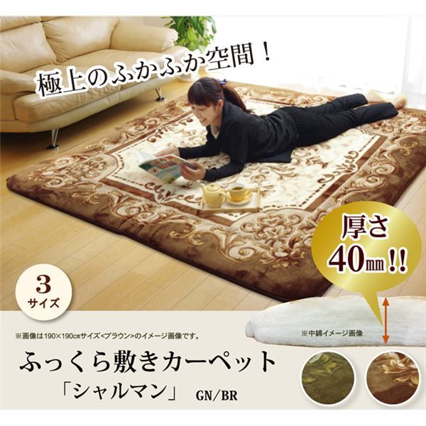 ラグマット/こたつ敷布団 グリーン 195×195cm 日本製固綿40mm使用 弾力性抜群 ふっくら極厚敷布団 〔リビング〕代引NG こたつ用布団・カバー こたつ用敷布団