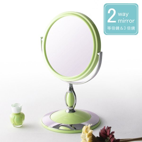 スーパSALE10倍＆4時間限定10％OFF ラウンド卓上ミラー 2WAY(3倍鏡/拡大鏡) 丸型/飛散防止加工/角度調整可/スタンド/鏡/カガミ/完成品/NK-243 パステルグリーン(緑) 鏡 スタンドミラー