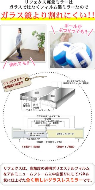 割れない大型 スタンドミラー/全身姿見鏡 キャスター 120×180×2.7cm シルバー 日本製 軽量 プロ仕様 『REFEX リフェクス』代引NG 鏡 スタンドミラー