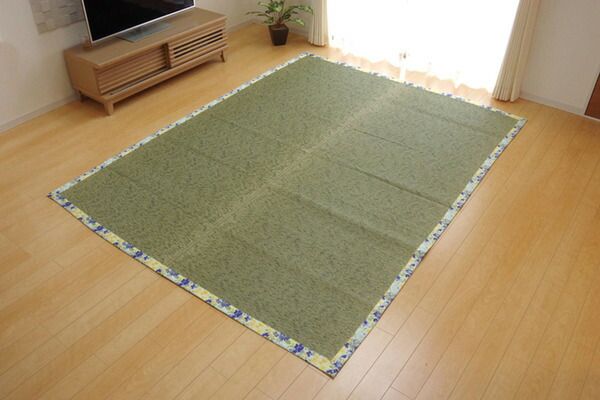 い草 ラグマット/絨毯 花柄 ブルー 約191×191cm 防滑加工 抗菌防臭 調湿機能 〔リビング ダイニング〕代引NG