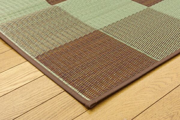い草 花ござ/ラグマット ブロック柄 ブラウン 江戸間6畳 261×352cm 日本製 耐久性抜群 抗菌 防臭 調湿 〔リビング〕代引NG