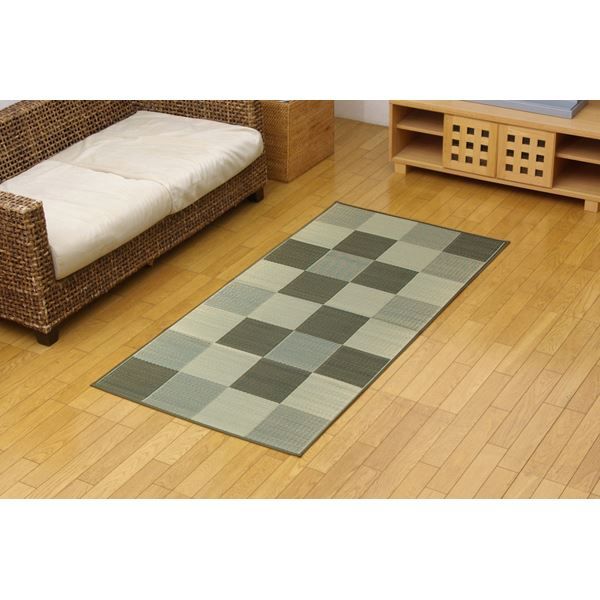 い草 花ござ/ラグマット ブロック柄 グリーン 江戸間1畳 87×174cm 日本製 耐久性抜群 抗菌 防臭 調湿 〔リビング〕代引NG