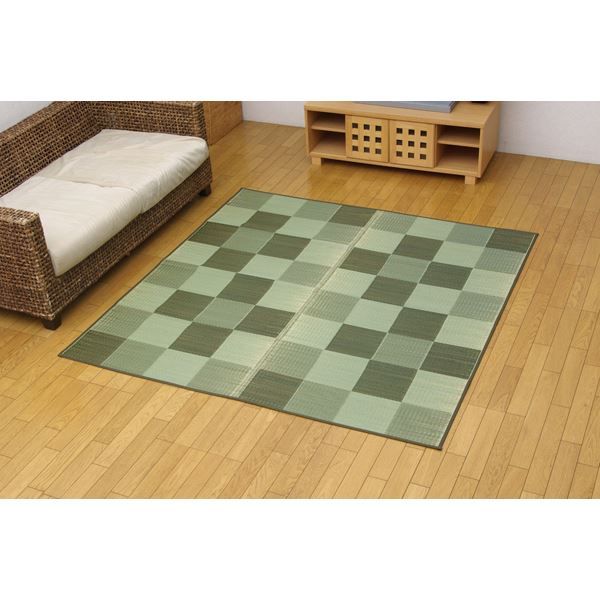 い草 花ござ/ラグマット ブロック柄 グリーン 江戸間2畳 174×174cm 日本製 耐久性抜群 抗菌 防臭 調湿 〔リビング〕代引NG