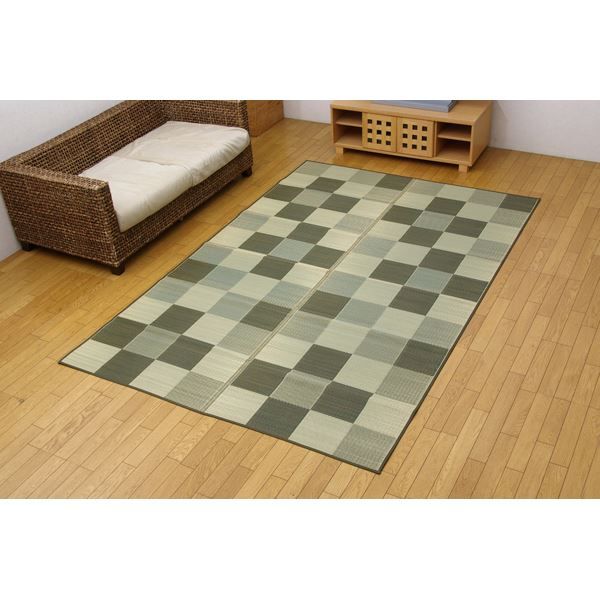 い草 花ござ/ラグマット ブロック柄 グリーン 江戸間6畳 261×352cm 日本製 耐久性抜群 抗菌 防臭 調湿 〔リビング〕代引NG