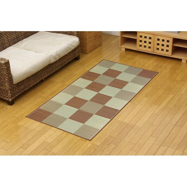 日本製 い草 花ござ/ラグマット ブロック柄 ブラウン 江戸間1畳 87×174cm 裏：ウレタン 防傷 抗菌 防臭 調湿 〔リビング〕代引NG カーペット・マット・畳 マット