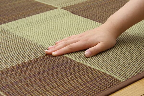 日本製 い草 花ござ/ラグマット ブロック柄 ブラウン 江戸間8畳 約348×352cm 裏：ウレタン 防傷 抗菌 防臭 調湿代引NG カーペット・マット・畳 マット