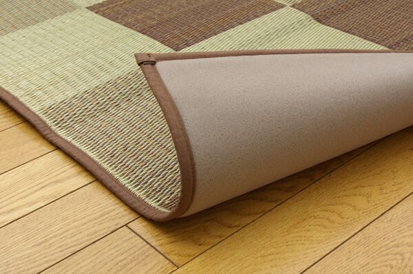 日本製 い草 花ござ/ラグマット ブロック柄 ブラウン 江戸間8畳 約348×352cm 裏：ウレタン 防傷 抗菌 防臭 調湿代引NG カーペット・マット・畳 マット