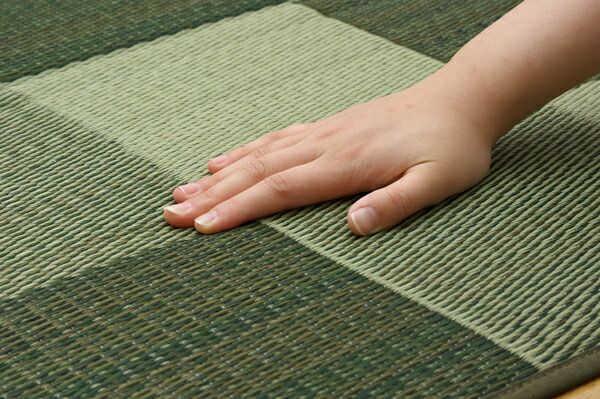 日本製 い草 花ござ/ラグマット ブロック柄 ブラウン 江戸間8畳 約348×352cm 裏：ウレタン 防傷 抗菌 防臭 調湿代引NG カーペット・マット・畳 マット