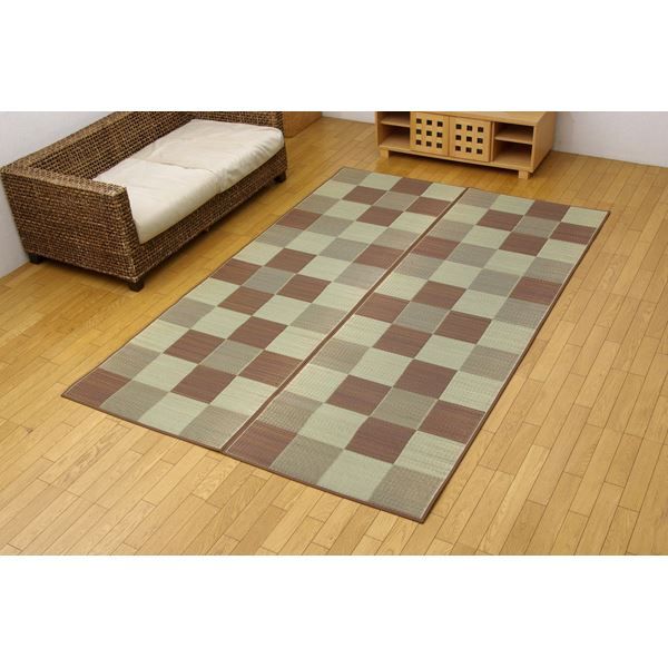日本製 い草 花ござ/ラグマット ブロック柄 ブラウン 江戸間8畳 約348×352cm 裏：ウレタン 防傷 抗菌 防臭 調湿代引NG カーペット・マット・畳 マット
