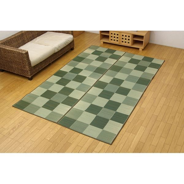 日本製 い草 花ござ/ラグマット ブロック柄 グリーン 江戸間10畳 約435×352cm 裏：ウレタン 防傷 抗菌 防臭 調湿代引NG カーペット・マット・畳 マット