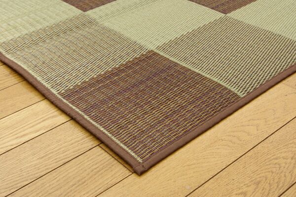 日本製 い草 花ござ/ラグマット ブロック柄 グレー 江戸間6畳 約261×352cm 裏：ウレタン 防傷 抗菌 防臭 調湿 〔リビング〕代引NG