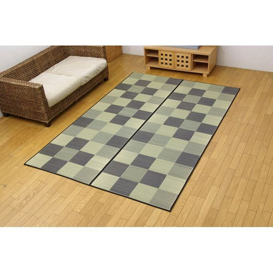 日本製 い草 花ござ/ラグマット ブロック柄 グレー 江戸間6畳 約261×352cm 裏：ウレタン 防傷 抗菌 防臭 調湿 〔リビング〕代引NG