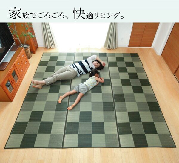 日本製 い草 花ござ/ラグマット ブロック柄 グレー 江戸間8畳 約348×352cm 裏：ウレタン 防傷 抗菌 防臭 調湿 〔リビング〕代引NG