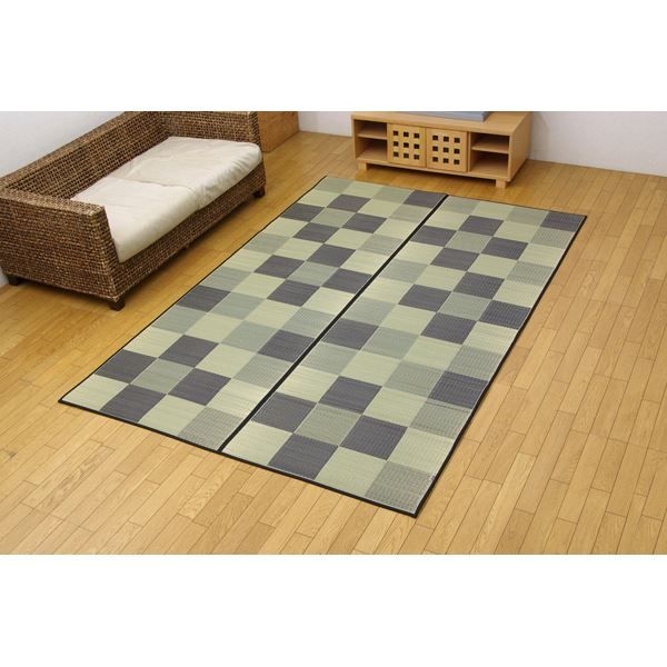 日本製 い草 花ござ/ラグマット ブロック柄 グレー 江戸間10畳 約435×352cm 裏：ウレタン 防傷 抗菌 防臭 調湿代引NG