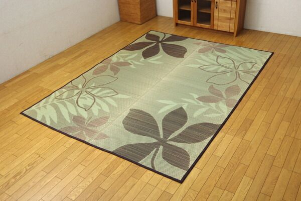 い草 ラグマット/絨毯 リーフ柄 グリーン 約191×191cm 正方形 防滑加工 抗菌防臭 調湿 消臭 〔リビング〕代引NG