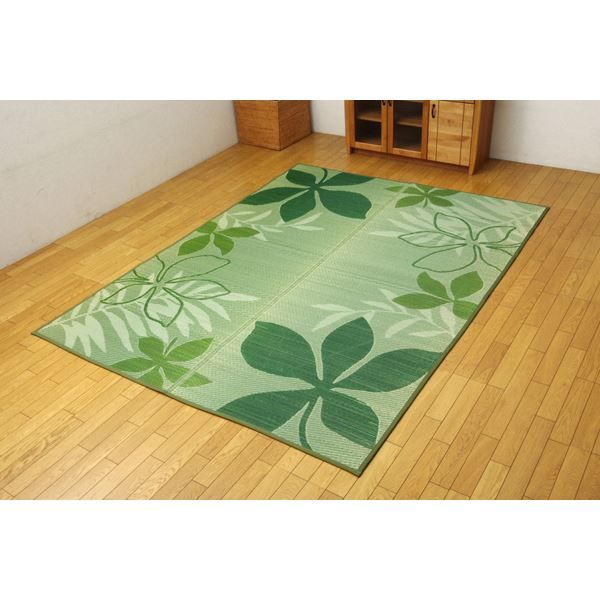 い草 ラグマット/絨毯 リーフ柄 グリーン 約191×191cm 正方形 防滑加工 抗菌防臭 調湿 消臭 〔リビング〕代引NG