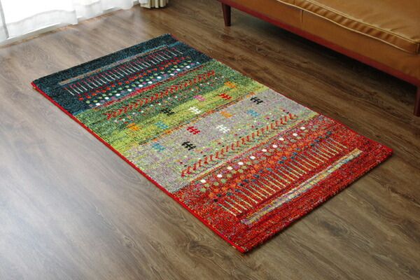 ラグマット/絨毯 ベージュ 約80×140cm ギャッベ柄 抗菌 防臭 トルコ製 ウィルトン織 耐久性 通年使用可 〔リビング〕代引NG