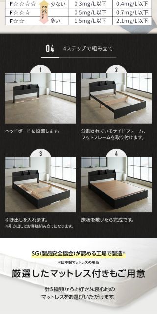 スーパSALE10倍＆4時間限定10％OFF ヘッドボード付き 収納ベッド ダブルサイズ 海外製ボンネルコイルマットレス付き 引出し2杯付き ライト付き 宮棚付き コンセント付き 国産フレーム 低ホルムアルデヒド  ブラック ベッド フレーム・マットレスセット