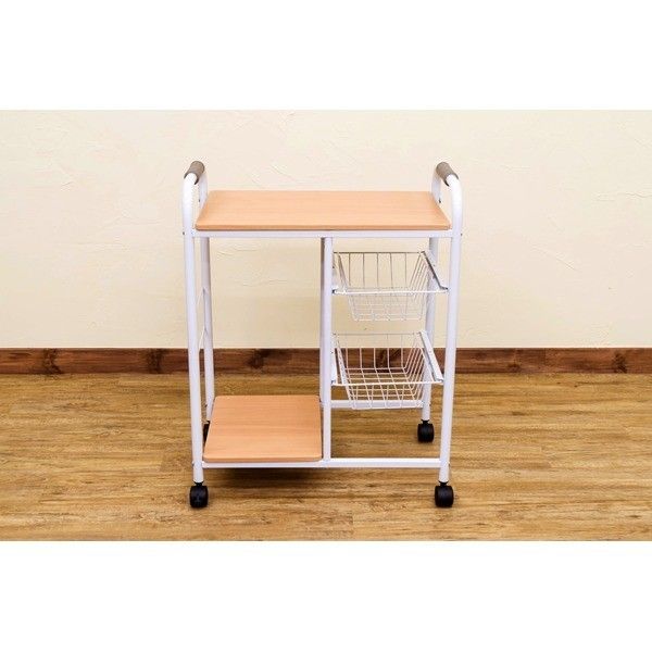 カゴ・棚付きキッチンワゴン/キッチン収納 ベージュ 幅56.5cm 網カゴ引き出し収納 キャスター付き代引NG 収納家具 キッチン収納 キッチンワゴン