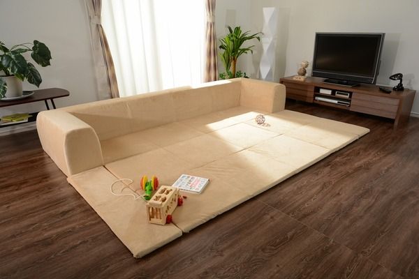 フロアソファー 折りたたみフロアマット付き Lサイズ ブラウン 約幅250cm 洗えるカバー付き 日本製 〔リビング〕代引NG