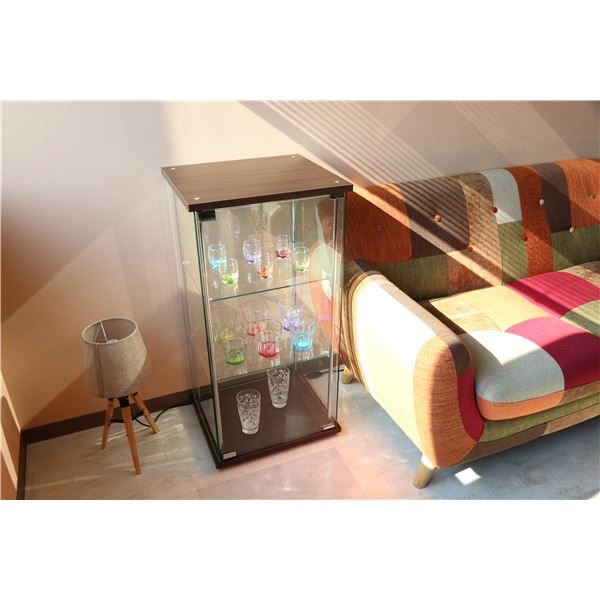 ガラス製 コレクションケース ショーケース 3段 幅42.5cm ブラウン 背面ミラー付き 硝子製棚板2枚 脚付き リビング 店舗 お店代引NG