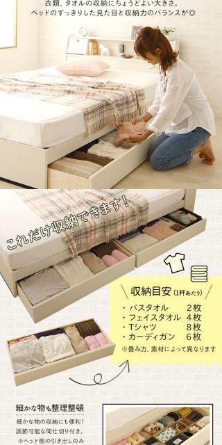 多機能ヘッドボード付き 収納ベッド セミダブルサイズ (SGマーク国産ボンネルコイルマットレス付き) コンセント付き 大容量 引き出し2杯付き 低ホルムアルデヒド 国産ベッドフレーム ホワイト 白 代引NG