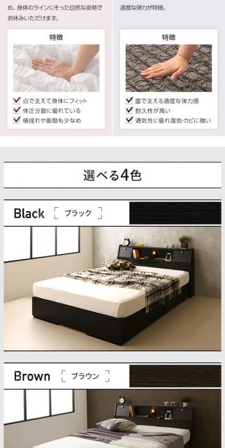 ベッド 日本製 収納付き 引き出し付き 木製 照明付き 棚付き 宮付き コンセント付き シングル 海外製ボンネルコイルマットレス付き『AJITO』アジット ホワイト