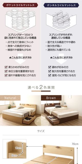 ヘッドボード付き 木目調 収納ベッド ダブルサイズ (ボンネルコイルマットレス付き) ライト付き コンセント付き キャスター付き引き出し 大容量 北欧テイスト シンプル 日本製ベッドフレーム ウォルナットブラウン代引NG