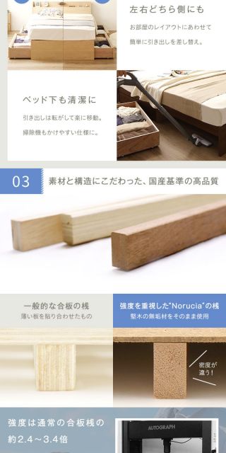 ヘッドボード付き 木目調 収納ベッド ダブルサイズ (ボンネルコイルマットレス付き) ライト付き コンセント付き キャスター付き引き出し 大容量 北欧テイスト シンプル 日本製ベッドフレーム ナチュラル代引NG