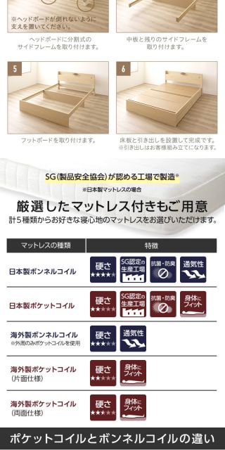 ヘッドボード付き 木目調 収納ベッド シングルサイズ (SGマーク国産ポケットコイルマットレス付き) ライト付き コンセント付き キャスター付き引き出し 大容量 北欧テイスト シンプル 日本製ベッドフレーム ナチュラル代引NG