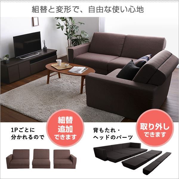 ソファーベッド ローソファー 3人掛け レッド 幅約273cm 肘付き ポケットコイル 日本製 国産 組み換え自由 ソファベッド ソファーベット ソファベット フロアソファー リビング家具代引NG