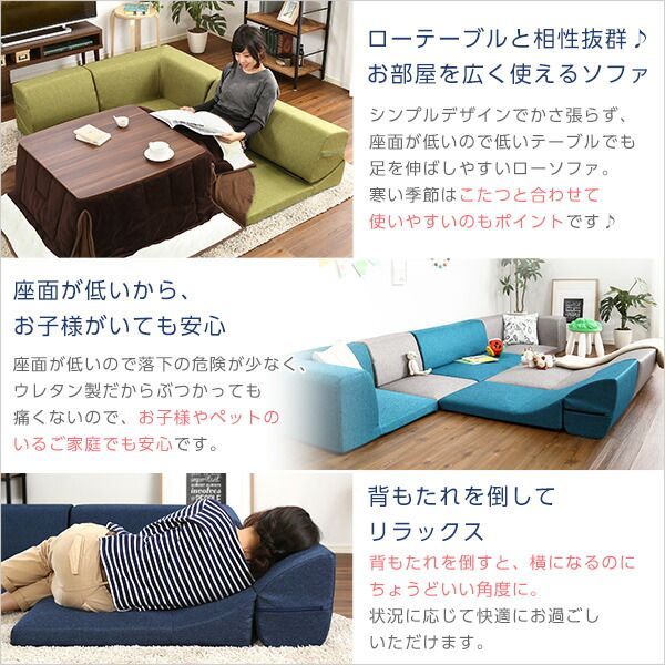 ローソファー 3人掛け コーナー付き ターコイズブルー 座面高7.5cm 分割式 ファブリック 日本製 国産 完成品 フロアソファー リビング家具代引NG