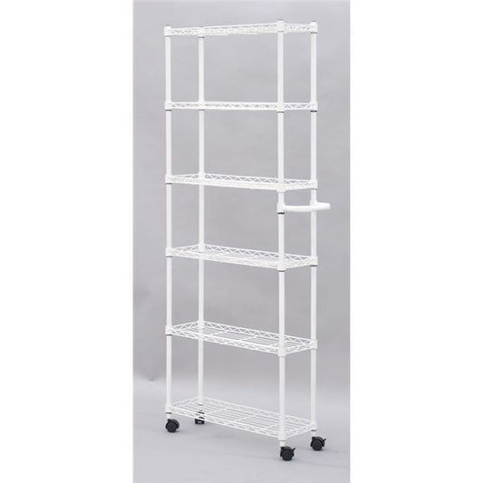 19Φ スチールラック/スリムワゴン 60cm×20cm×154.5cm ホワイト 棚板6枚 高さ調節可 取っ手 キャスター×4 スチール製脚付代引NG