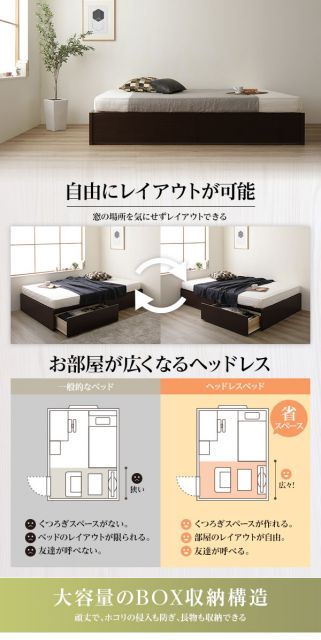 日本製 ヘッドレス ボックス収納 ベッド セミシングルサイズ 国産ポケットコイルマットレス 引き出し2杯付き 長尺物可 大容量 頑丈 耐荷重500kg アイボリー代引NG