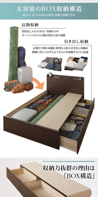 頑丈 引き出し収納付き ベッド セミシングル スリムヘッドボード 薄型宮付き 国産ポケットコイルマットレス 背面化粧 低ホルムアルデヒドF☆☆☆☆ 長尺物可 大容量 2口コンセント 収納ボックス2杯 日本製 アイボリー代引NG